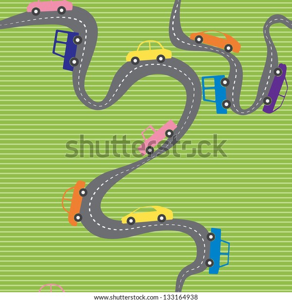 Seamless pattern\
with curvy road and cartoon\
cars