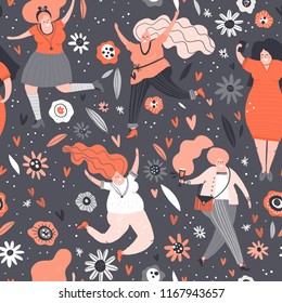 Seamless pattern with curvy woman. Background with different female characters. Plus size models vector illustration.