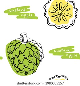 Patrón sin foco con manzana crema, cherimoya en línea negra estilo esquemático aislado en fondo blanco. Frutas tropicales. Ilustración vectorial dibujada a mano de Doodle