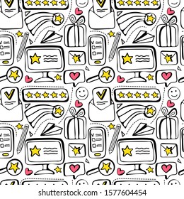 Seamless pattern customer feedback, positive review. High rating in application. Hand drawn doodle background. Online service evaluation. smartphone, rank, rating scale stars, paper plane, gift box.