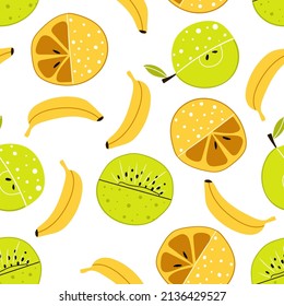 Seamless pattern with cut banana, kiwi, orange, apple in cartoon style on white background for textile, print, wallpaper