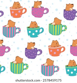 Seamless pattern Cut capybara mascot in cups. Cartoon capibara sitting in tea cup. Coffee time with capy on dots background. 