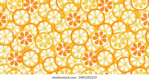 Seamless pattern with cut citrus fruits. Juicy abstract slices of lemon and orange. Vector graphics.