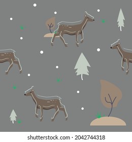 Seamless pattern with cut deer.Hand drawn  animals background.Vector illustration