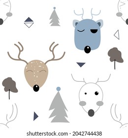 Seamless pattern with cut deer.Hand drawn  animals background.Vector illustration