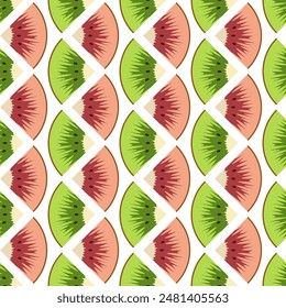 Seamless pattern with cut green and red kiwi fruit. Vector colorful background.