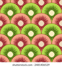 Seamless pattern with cut green and red kiwi fruit. Vector colorful background.