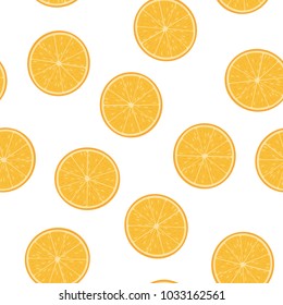 Seamless pattern from cut half oranges on a white background. Design for textiles, banners, posters. Vector illustration.