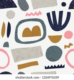 Seamless pattern with cut out elements.  Card with modern floral and abstract elements in fresh pastel colors. Vector illustration for card, print on clothes. Cut out style