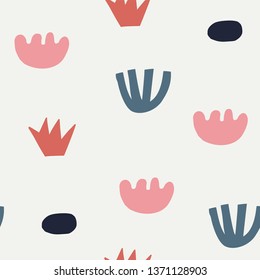 Seamless pattern with cut out elements.  Card with modern floral and abstract elements in fresh pastel colors. Vector illustration for card, print on clothes. Cut out style