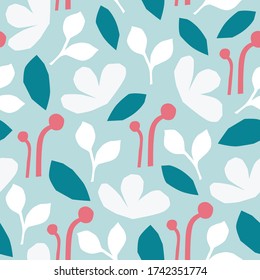 Nahtloses Muster mit ausgeschnittenen Blättern, Blumen und Ästen auf hellblauem Hintergrund. Abstrakter Vektor moderne trendy Illustration. Retro-Stil. Perfekt für Tapeten und Textilien