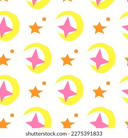 Seamless pattern with cut out moon and stars in modern childish style. Cute boho collage background. Trendy contemporary texture for covers, fabric, etc.