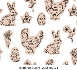 Seamless pattern of cut out paper with Easter bunny, egg and chicken