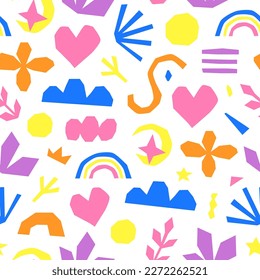 Seamless pattern with cut out shapes in modern childish style. Trendy contemporary texture for covers, fabric, etc. Cute boho collage background.