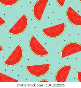 Seamless pattern of cut pieces of watermelon. Design for banner, packaging, textiles, posters. Vector illustration.