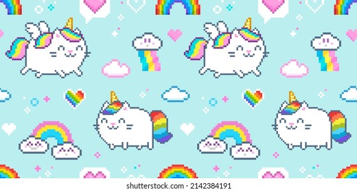 Seamless pattern of Cut Pixel Art Cat Unicorn or Caticorn on blue background. Cartoon Cat unicorns with pink wings for design of backgrounds, wallpapers, fabrics, wrapping paper, scrapbooking