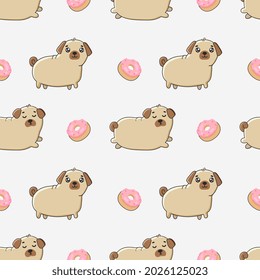 Seamless pattern with cut  pug and donuts on white background. Baby texture for fabric, wrapping, textile, wallpaper, clothing. Vector illustration. Funny little dog