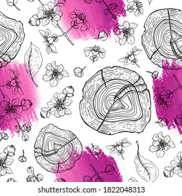 Seamless Pattern with cut of a Rosewood and twigs with flowers and buds . Detailed hand-drawn sketches, vector botanical illustration.  For textile, background, packaging design.