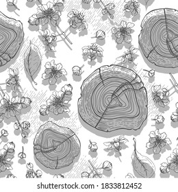 Seamless Pattern with cut of a Rosewood and twigs with flowers and buds . Detailed hand-drawn sketches, vector botanical illustration.  For textile, background, packaging design.