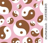 Seamless pattern with cute 00s and 90s asian Yin Yang symbol on pink. Retro glamorous girl style. Flat trendy 2000s y2k texture for textile, paper, fabric. Vector childish surface