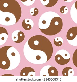 Seamless pattern with cute 00s and 90s asian Yin Yang symbol on pink. Retro glamorous girl style. Flat trendy 2000s y2k texture for textile, paper, fabric. Vector childish surface