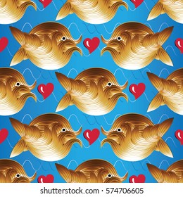 Seamless pattern with cute 3d gold fishes, line art waves and love hearts. Vector illustration. Elegance texture for wallpapers, textile, fabric, restaurant seafood menu. Light blue background. 