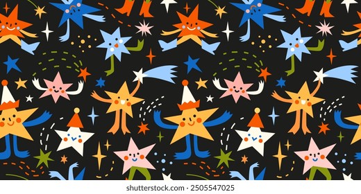 Seamless pattern with Cute abstract cartoon dancing shooting stars.  Hand drawn vector illustration. Naive childish design. Funny Christmas background, wrapping paper.