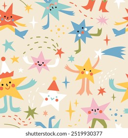 Nahtloses Muster mit süßen abstrakten Cartoon Tanz Shooting Stars.  Handgezeichnete Vektorgrafik. Naives kindisches Design. Lustiger Weihnachtshintergrund, Umschlagpapier.