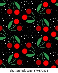 Seamless pattern, cute abstract cherry on a black background. Polka-dot and red berry with green leaves. Lovely flat design, primitive style. Vintage universal print. Vector illustration EPS 8