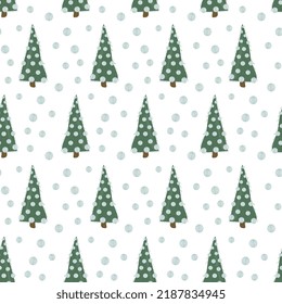 Patrón sin inconvenientes con árboles de navidad abstractos bonitos con bolas Diseño estilizado a mano Ilustración vectorial en forma de dibujos animados planos para envolver papel, textiles, tela y decoración de embalaje 