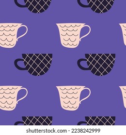 Seamless pattern with cute abstract cups on blue background. Design for fabric and paper, surface textures.