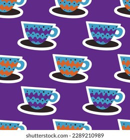 Seamless pattern with cute abstract cups on blue background. Design for fabric and paper, surface textures.
