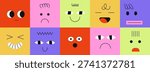 Seamless pattern with cute abstract faces showing a range of emotions. Colorful emotional scale concept for emotional intelligence, kids education, mood charts and playful background design.
