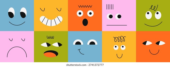 Seamless pattern with cute abstract faces showing a range of emotions. Colorful emotional scale concept for emotional intelligence, kids education, mood charts and playful background design.