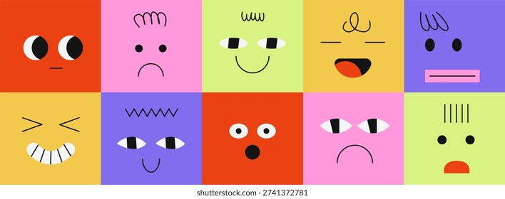 Seamless pattern with cute abstract faces showing a range of emotions. Colorful emotional scale concept for emotional intelligence, kids education, mood charts and playful background design.