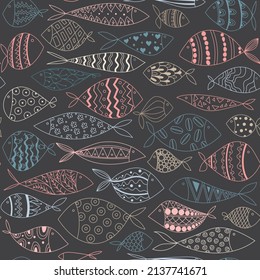 Seamless pattern of cute abstract fish on black background. Pattern of fish. Collection of fish. Line art. Hand-drawn. Vector Illustration.