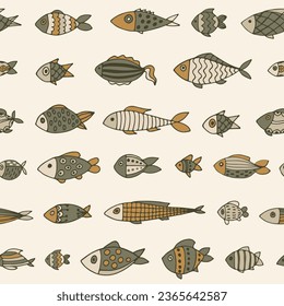 Seamless pattern of cute abstract fish on light background. Pattern of fish. Collection of fish. Line art. Hand-drawn. Vector Illustration.