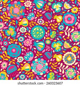 Seamless pattern of cute abstract flowers, colorful background.