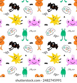 Seamless pattern with cute abstract monsters in bright colors.Children's vector template.Fantastic monsters.