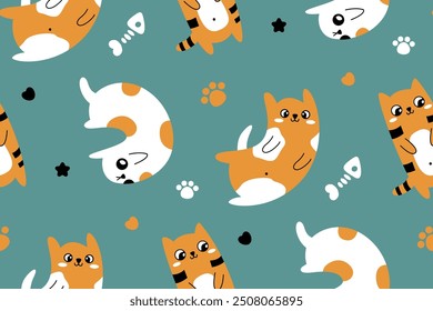 Seamless pattern, cute abstract ornament, surface design with cartoon cats. Pretty funny kittens, hearts and paws on green background. Pattern with pets, isolated baby animals. Vector illustration.