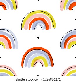 Seamless pattern with cute abstract rainbows. Playful vector design for funny wallpaper or cool packaging. Editable stroke