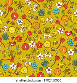 Seamless pattern of cute abstract shapes, flowers, birds