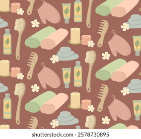 Seamless pattern with cute accessories for bathroom or spa. Background with bath and wellness elements