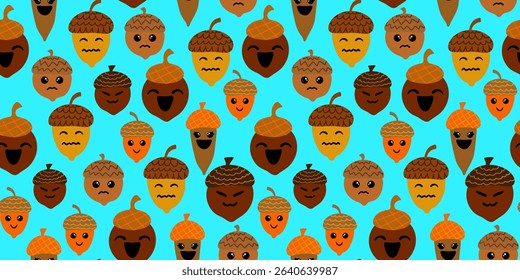 seamless pattern with cute acorn emoji faces – autumn nut characters in kawaii style on bright blue background – fall kids digital paper for thanksgiving
