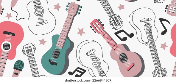  seamless pattern with cute acoustic guitars.