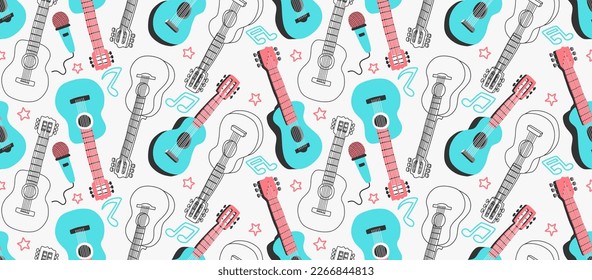  seamless pattern with cute acoustic guitars.