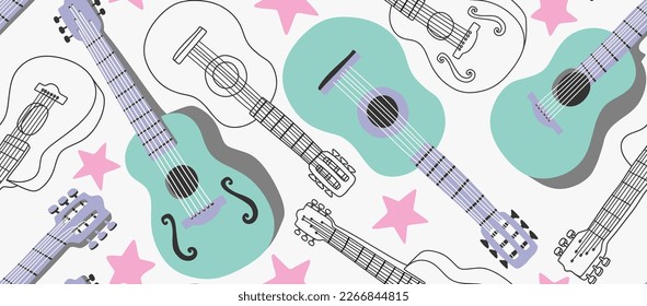  seamless pattern with cute acoustic guitars.