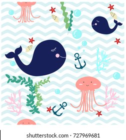 Seamless Pattern cute adorable beach funny theme, ocean blue whale,jelly fish, sea anchor, seaweed, wave, pastel colorful vector background illustration,hand draw doodle cartoon comic,for invitation card