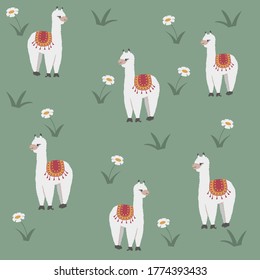 Seamless pattern, cute adorable cartoon alpaca with flowers on the green field 