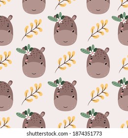 Seamless pattern with cute adorable Hand drawn Hippopotamus and flowers. Kids, baby vector illustration. Creative wild animal childish pattern for fabrics, textile, wrapping, background. 

